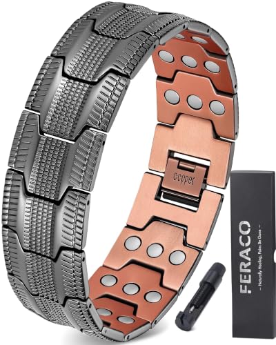 Image of Feraco Copper Magnetic Bracelets for Men,Pure Copper Jewelry Gift | 3X Strength Neodymium 57 Magnets,Powerful 3500 Gauss,Adjustable Length