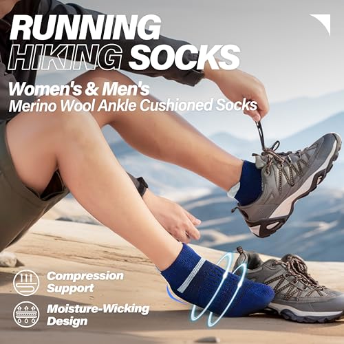 Image of 6 Pairs Merino Wool Ankle Running Hiking Socks Compression Support Breathable Thick Cushion No Show Socks for Women Men