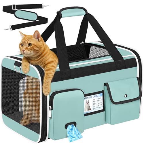 TEUEN Trasportino Morbido Pieghevole Approvato Aereo - Borsa Viaggio per Gatti e Cani fino a 9kg, 4 Lati in Rete, Tessuto Antigraffio con Cuscino Lavabile e Guinzaglio Interno