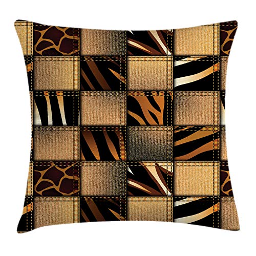 ABAKUHAUS Safari Funda para Almohadón, Jeans Denim Remiendo, Decorativo, Estampado en Ambos Lados, 50 x 50 cm, Marrón Y Negro