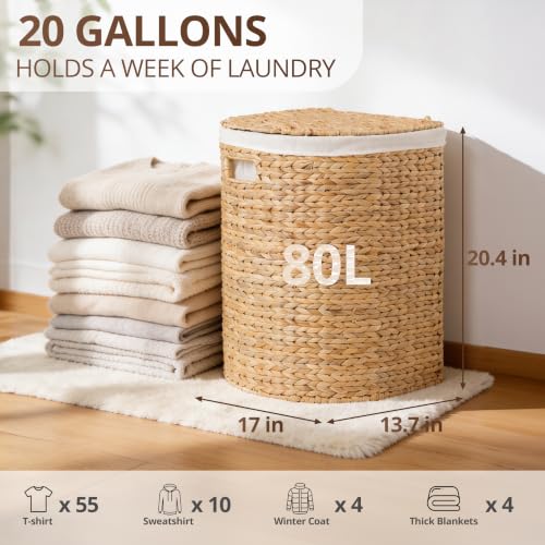 Image of Large Woven Rattan Hamper with Lid, Natural Brown, 16.9 x 13.8 x 20.5 in - Clothes Storage Basket for Laundry Room or Closet