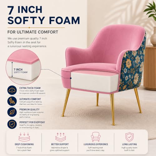 Image of Velvet Chair with Pillow for Home | Modern Accent Armchair in Soft Velvet Fabric with Golden Legs | Premium Accent Chair for Living Room Bedroom Restaurent | (Pink, Big Zara)