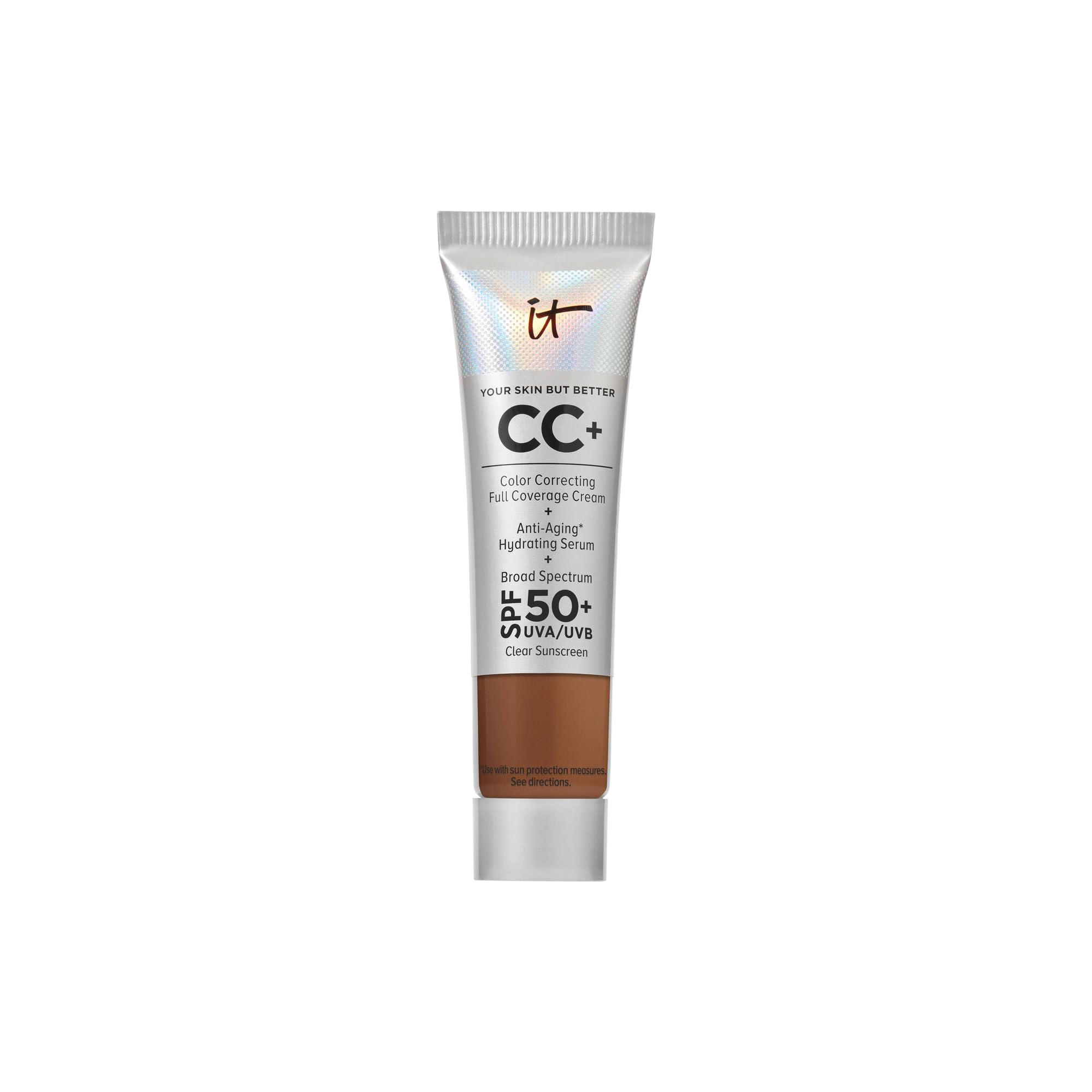 IT Cosmetics CC+ Cream Travel - Natural Full Coverage Foundation With SPF 50+, Color Corrector & Anti-Aging Hydrating Serum, Hyaluronic Acid + Peptides, Up To 24H Wear, All Skin Types- 0.4 fl oz