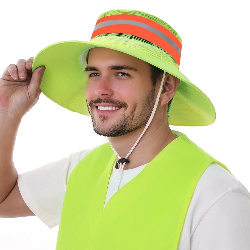 haozaikeji High Visibility Sun Hat Reflective Fishing Hat UV Protection Summer Bucket Hat Wide Brim Work Boonie Hat