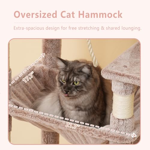 Image of Heybly 64.2 inch Heavy-Duty Cat Tree for Large Cats with Wide Base HCT027MU | Indoor Cat Tower with Scratching Posts & Board, Cat Furniture with Big Platforms, Extra-Large Hammock, Rosy Brown