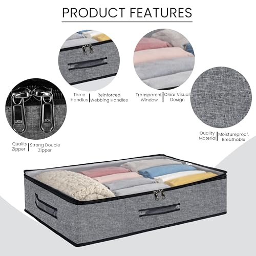 Image of Storite 2 Pack Foldable Underbed Storage Bag - Blankets Clothes Comforters | Breathable Zippered Organizer for Bedroom with Transparent Window and Carry Handles (70 X 45 x 13 cm - Blackgrey)