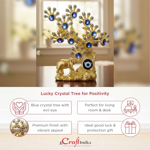 Image of eCraftIndia Blue Crystal and Evil Eye Lucky Tree with Gold Elephant Turkish Amulet Table Centerpiece Ornament Showpiece for Home Decor Office Protection Gift for Housewarming Birthday