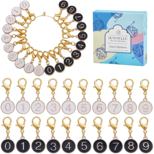 SUNNYCLUE 20PCS 10 STYLES Enamel Number Stitch Markers Lobster Clasp Charms Alloy Alphabet 0~9 Crochet Knit Locking Removable Clip On Charms Bulk for Crocheting Knitting Jewelry Making Craft Supplies