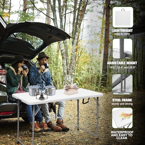 Byliable Folding Table 4 Foot Portable Heavy Duty Plastic Fold-in-Half Utility Table Small Indoor Outdoor Adjustable Height Folding with Carrying Handle, Camping and Party,White by Byliable - Image 5