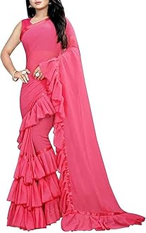 VIBRANCE Saree Ruffle Georgette Ethnic Indian Women Party Wear Frill Designer Border Sari
