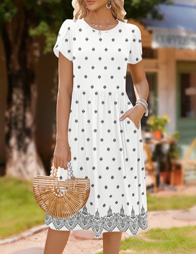 Image of HOTOUCH Women's Summer A-Line Midi Dresses 2026 Casual Floral Short Sleeve T-Shirt Dress Flowy Beach Sundress with Pockets