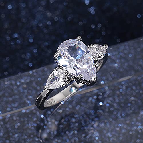 Shining Classic Plated Silver Pear Cut Teardrop Halo Cubic Zirconia CZ Statement 3-Stone Eternity Wedding Engagement Ring for Women (US size 7)3