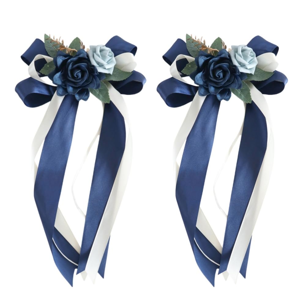 2 Pcs Wedding Car Ribbon Decoration Kit with Artificial Flowers for Car Mirror,14 Inch Wedding Car Door Handle Bows Decor Bouquet Supplies (Blue) — image 1