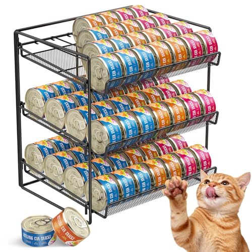 Cat Food Can Organizer, Can Organizer for Pantry, 3-Tier Metal Cat Food Storage Container Holds 84 (3.5oz) Cans,Adjustable Canned Food Organizer and Storage for Counter Kitchen Cabinet (Black, 3 Tier)