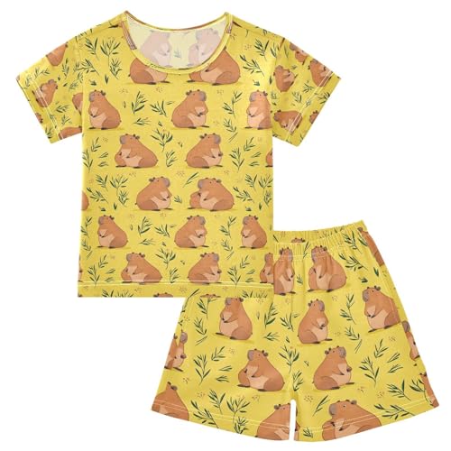 ALAZA Cartoon Capybaras Yellow Pajamas Set Short Sleeve Cotton Sleepwear Summer Pjs 2 Piece 5-14Y