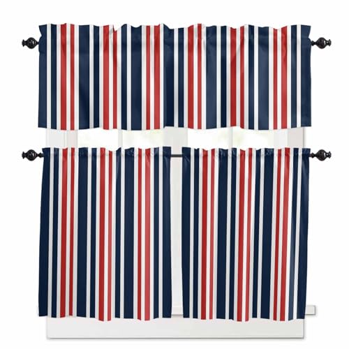 Navy Blue Red Striped Kitchen Curtains 36 Inch Length, 3 Piece Rod Pocket Small Half Tiers and Valance Set, Modern Minimalist Ombre Lines Small Large Window Treatment Decor for Bedroom/Bathroom Sink