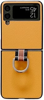 with Ring Compatible with Samsung Galaxy Z Flip 3 5G Case Luxury Ultra Slim Cute Cover Hard Plastic PU Leather Shockproof Phone Case Fashion for Galaxy Z Flip 3 5G 2021 (Yellow)
