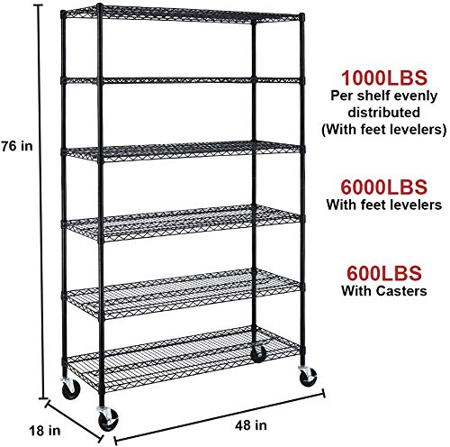 Payhere Metal Storage Shelves, Wire Shelving Unit W/Wheels, 6000 Lbs Heavy Duty Industrial Utility Steel Storage Rack, 6 Tier Nsf Ultradurable Shelf Organizer Racks For Garage Kitchen Storage (Black) #TOP4