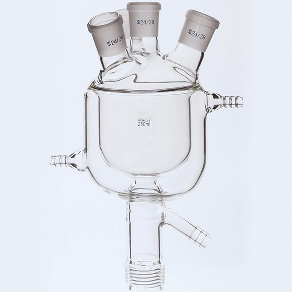 matraz de fondo redondo， Botella de reacción de vidrio borosilicato de doble capa con tres cuellos, 250/500/1000/2000 ml(250ml)