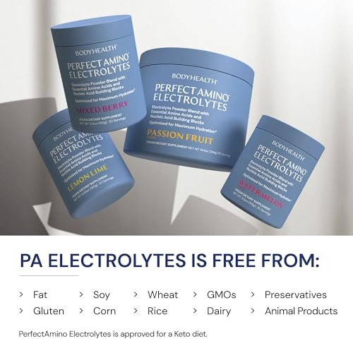 Image of BodyHealth PerfectAmino Electrolyte Powder No Sugar, Hydration Fasting Keto Zero Sugar Electrolytes Drink Mix with Trace Minerals - Lemon Lime - 60 Servings