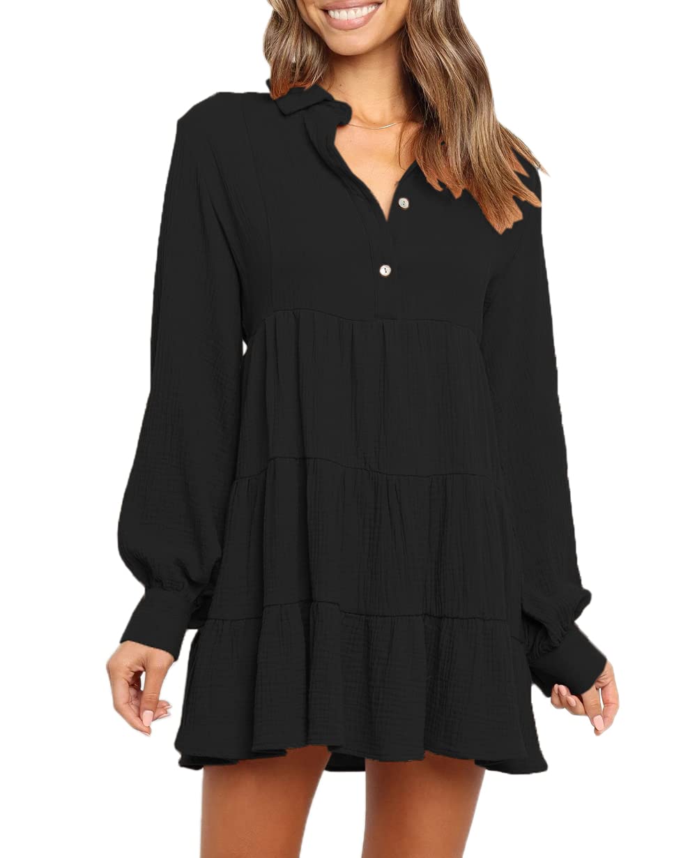 Meikulo Women Balloon Long Sleeve Collared Button Up Ruffle Mini Dress Flowy Swing Shift Tunic Dress