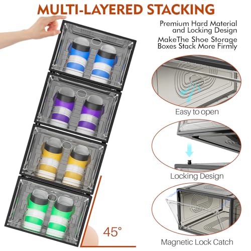 Image of caktraie 6 Pack Thicken Shoe Organizer Stackable,Upgraded Sturdy Shoe Storage Box with Magnetic Door,Shoe Containers For Sneaker Display,Hat Organizer,Black