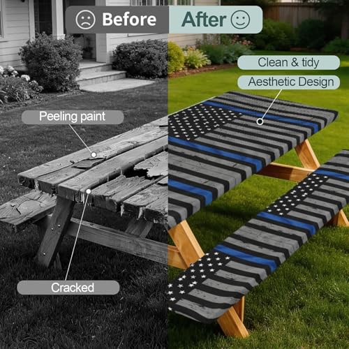Mantel de línea azul delgada con fundas de banco para mesas de picnic en camping 3