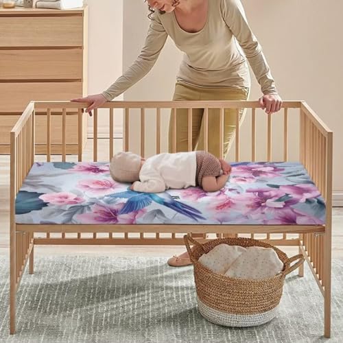 Image of Hummingbird Baby Sheets for Standard Crib Breathable Fitted Sheet Spring Bird Cribs Sheet Set for Girls Soft&Comfortable Mini Cribs Sets Baby Changing Pads Toddlers Gifts