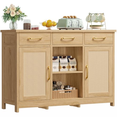 Image of Coffee Bar Cabinet with 3 Drawers, Farmhouse Buffet Cabinet | Kitchen Buffet Sideboard Cabinet with 2 Adjustable Shelves & 2 Doors, for Kitchen Room, Dining Room, Living Room, Nature