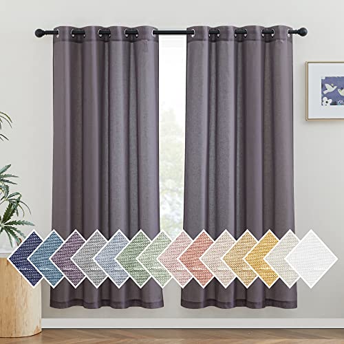 NICETOWN Semi Sheer Linen Blend Curtains, Grommet Solid Curtain Privacy with Light Filtering Flax Texture Window Drapes for Bedroom/Living Room, W52 x L72, Purple Brown, 2 Panels