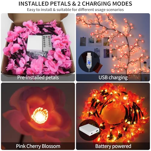 Cherry Enchanted Willow Vine Lights, 4FT 48LED Pink Cherry Blossom Tree Branch Lights for Wall, Remote Timer,8 Light Model,Bedroom Wall Doors Wedding, Christmas, USB Battery Box - Image 5