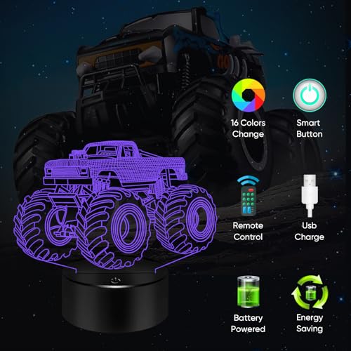 Image of BASSI Monster Trucks Night Light for Boys, 3D LED Optical Illusion Lamp with Remote Control, 16 Colors Change Perfect Birthday Party Decor Idea for Boys, Kids, and Teens