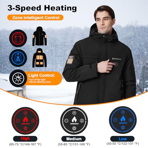 Brimekey Men's Heated Jacket with Fleece Lining and 12000mAh Battery - Windproof and Waterproof for Skiing and Hunting