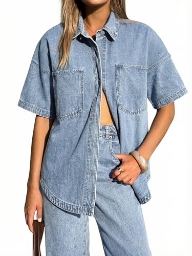 EMMIOL Button Down Shirts for Women - Short Sleeve Oversized Denim Shirts Business Casual Work Jean Tops Summer Clothes, Light Blue, S