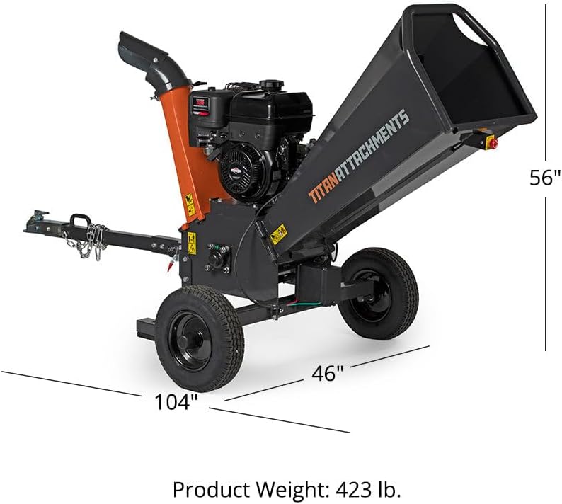 Titan Attachments 420cc 5in Diameter Tow-Behind Wood Chipper Shredder, 13.5HP Engine, Electric Start