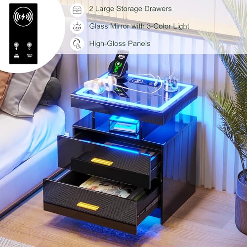 Image of HNEBC LED Nightstand with Charging Station (USB,Type-C Ports) High Gloss Bedside Table with 2 Drawers, Smart Night Stand with Auto Sensor Lights,Modern Bed Side Table for Bedroom (Black)