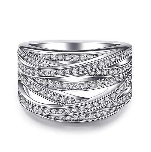 Xunuo Cross Braided Wave Wrap Cubic Zirconia Ring Promise Statement Anniversary Wedding Cocktail Party Knot Bar Ring (US Code 9)