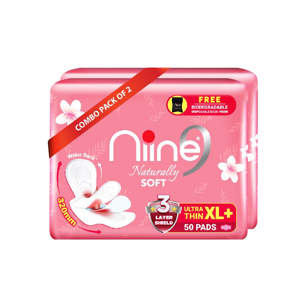 NIINENIINE Naturally Soft Ultra Thin XL+ Sanitary Napkins for Heavy Flow (Pack of 2) 100 Pads with Free Biodegradable Disposal Bags