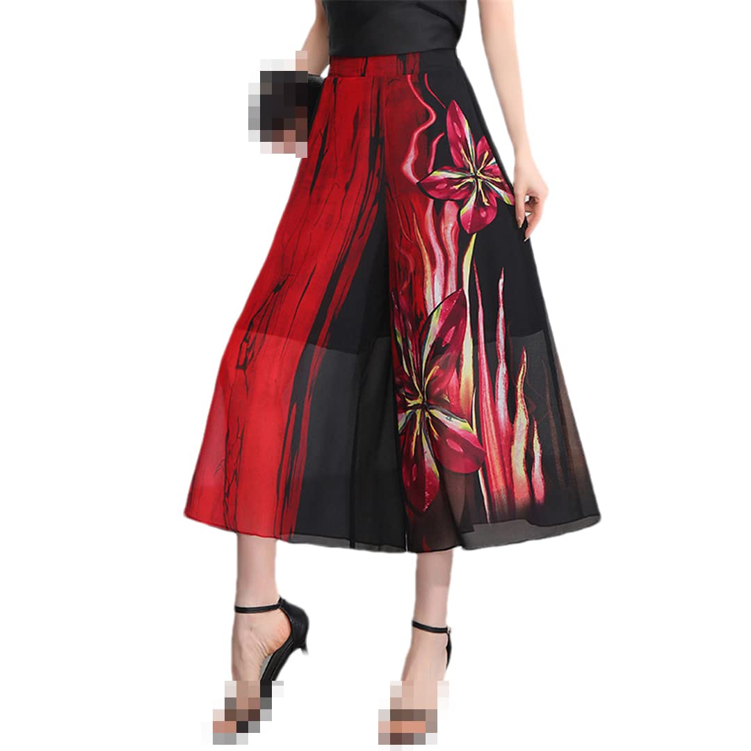 Womens Summer Vintage Printed Chiffon Elastic High Waist Loose Wide Leg Pants
