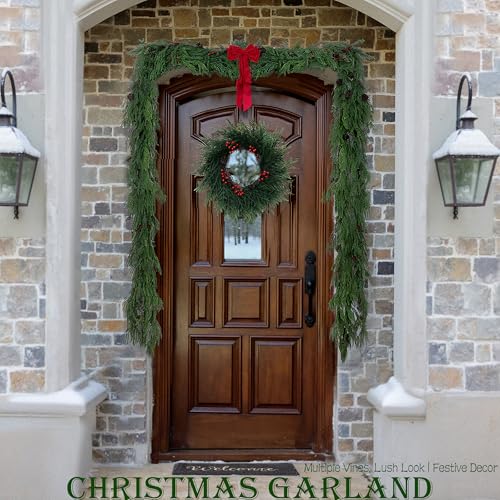 2 Pcs 6 Feet Christmas Garland - Realistic Norfolk Pine Garland - Real Touch Greenery Garland for Table,Mantle,Fireplace,Wall,Indoor Outdoor - Christmas Decorations - Free Battery LED Lights by WHANLEY L&Q - Used condition - Image 8