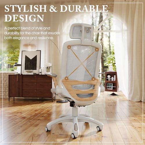 Image of GABRYLLY Ergonomic Office Chair, High Back Home Desk Chair with Flip-Up Arms, Headrest, 90-120 Tilt and Wide Cushion, 300LBS White Mesh Chair for Work Gaming Study (GY01-NT, Woodgrain Pattern)