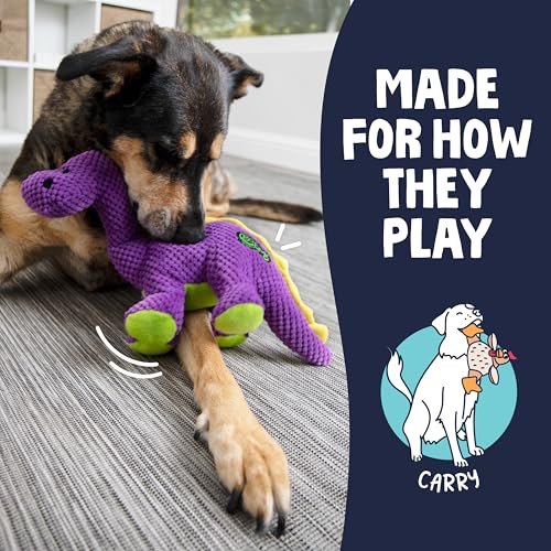 Image of goDog Dinos Bruto Checkers Tough Plush Toy with Chew Guard Technology, Durable Checkered Fabric & Squeaker for Active Play, Purple, Large