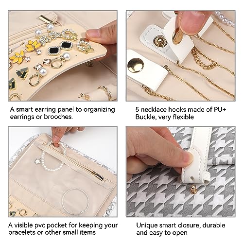 Voova Travel Jewelry Holder Organizer Case, Large Jewelry Storage Bag for Women Girls, Foldable Traveling Jewellery Pouch Roll for Necklaces Rings Earrings Bracelets, Grey+White — view 3