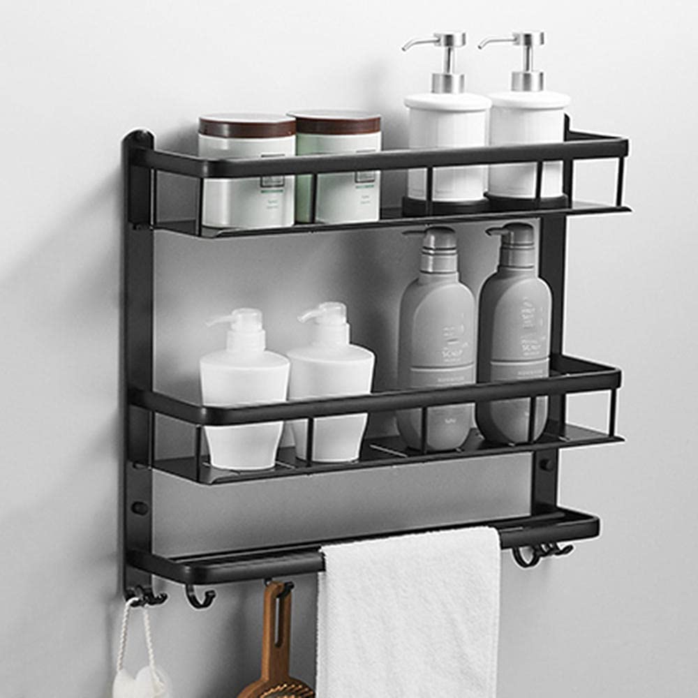 Estante de baño adhesivo negro de aluminio con ganchos de 50cm para ducha