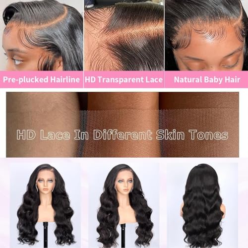 SUMT 30 Inch 13x6 Body Wave Lace Front Wigs Human Hair 200% Density HD Transparent Lace Front Wig Pre Plucked with Baby Hair Virgin Human Hair Frontal Wig for Women Natural Black — view 3