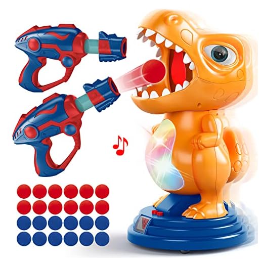 Movable Dinosaur Shooting Game Toys for 5 6 7 8 9 10 Year Old Kids, Shooting Games with 2 Air Pump Guns and 24 Foam Balls, Shooting Target with LCD Score Record Sound & LED, Gift for Boys Girls