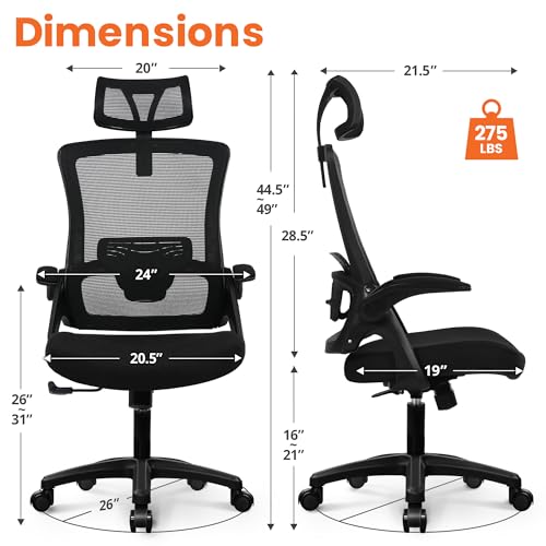 Image of NEO CHAIR Office Desk Chair Gaming Computer High Back Support Mesh Comfy Seat with Adjustable Ergonomic Headrest Lumbar Rolling Flip-up Armrests and Wheels (Black)