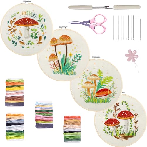 Image of Bonroy 4 Sets Embroidery Kit for Beginners with Instructions,Cross Stitch Kits for Adults with Pattern,Needlepoint Kits for Adult Include Embroidery Cloth Hoops Needles Threads(Mushroom)