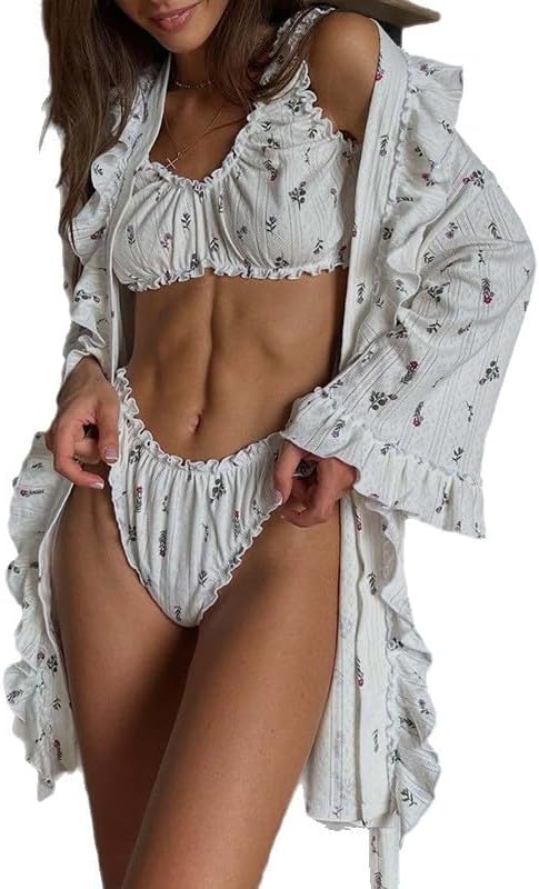 Women's White Floral Print Pajamas Set with Ruffled Cover-Up, Home 3-Piece Robe with Cold Shoulder Kimono