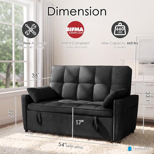 tiramisubest 54 Sleeper Sofa Bed Black Loveseat